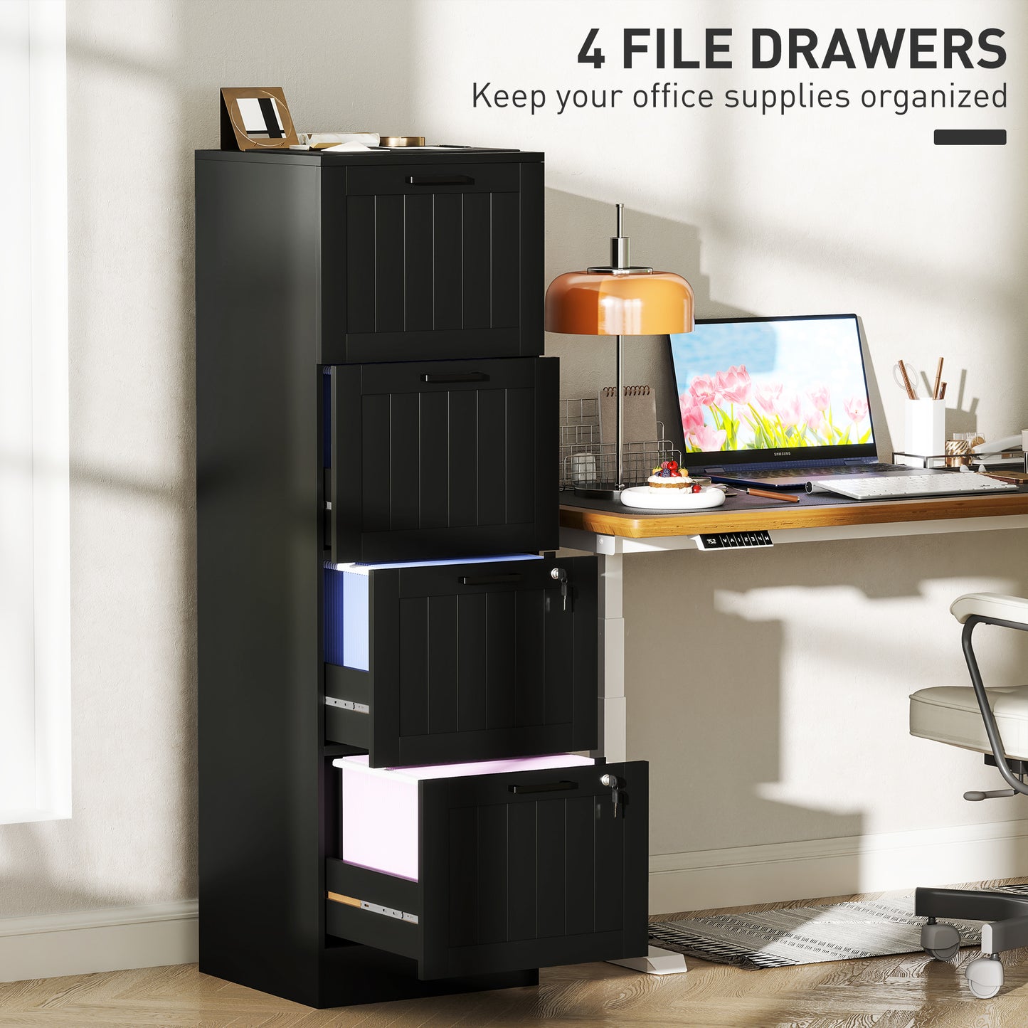 4 Drawer Filing Cabinet with Lock, Office Storage Cabinet with Adjustable Hanging Bars for A4 Letter Size Files, Black