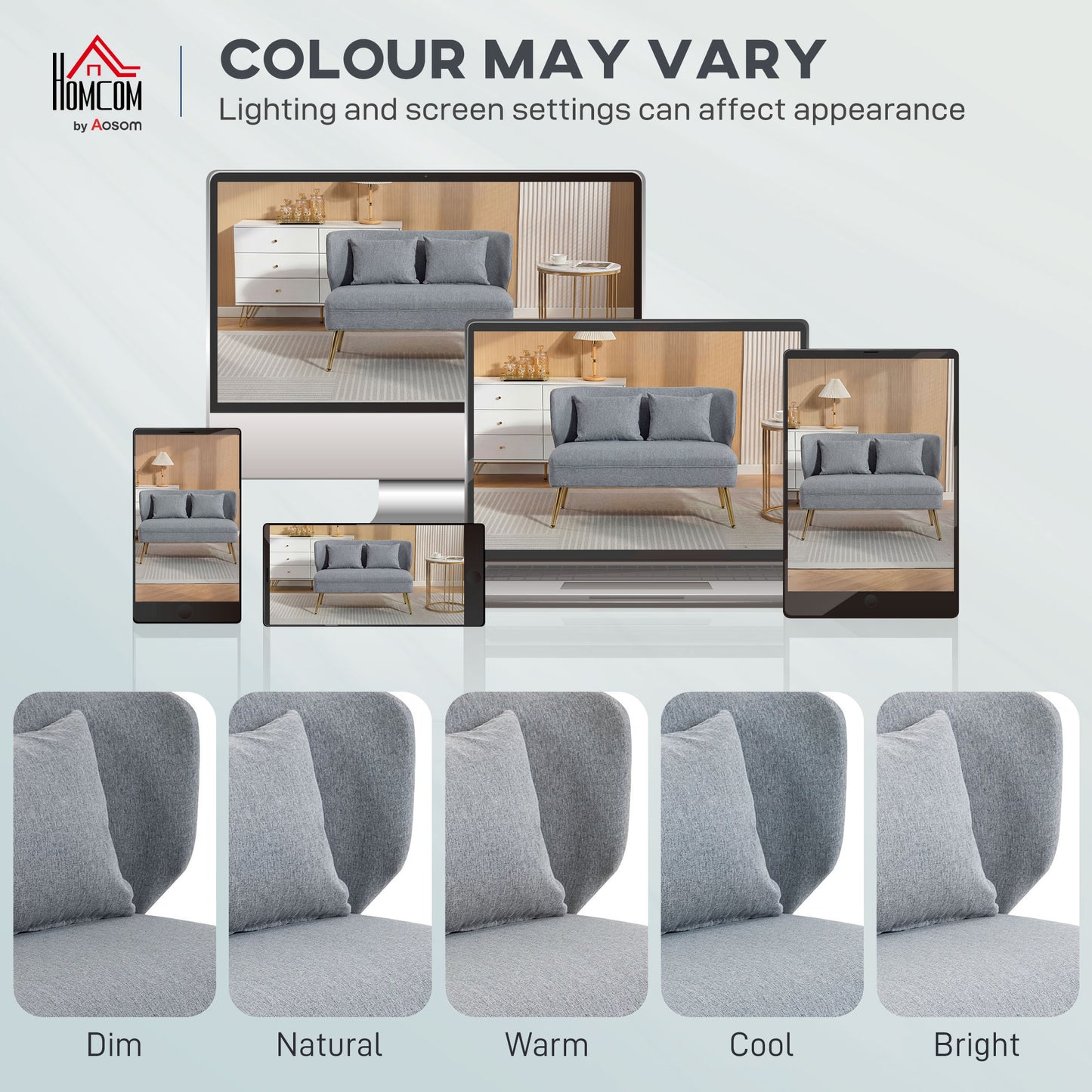 2 Seater Sofa, Linen-look Fabric Small Sofa with Wing Back, Thick Seat, Metal Legs, Light Grey