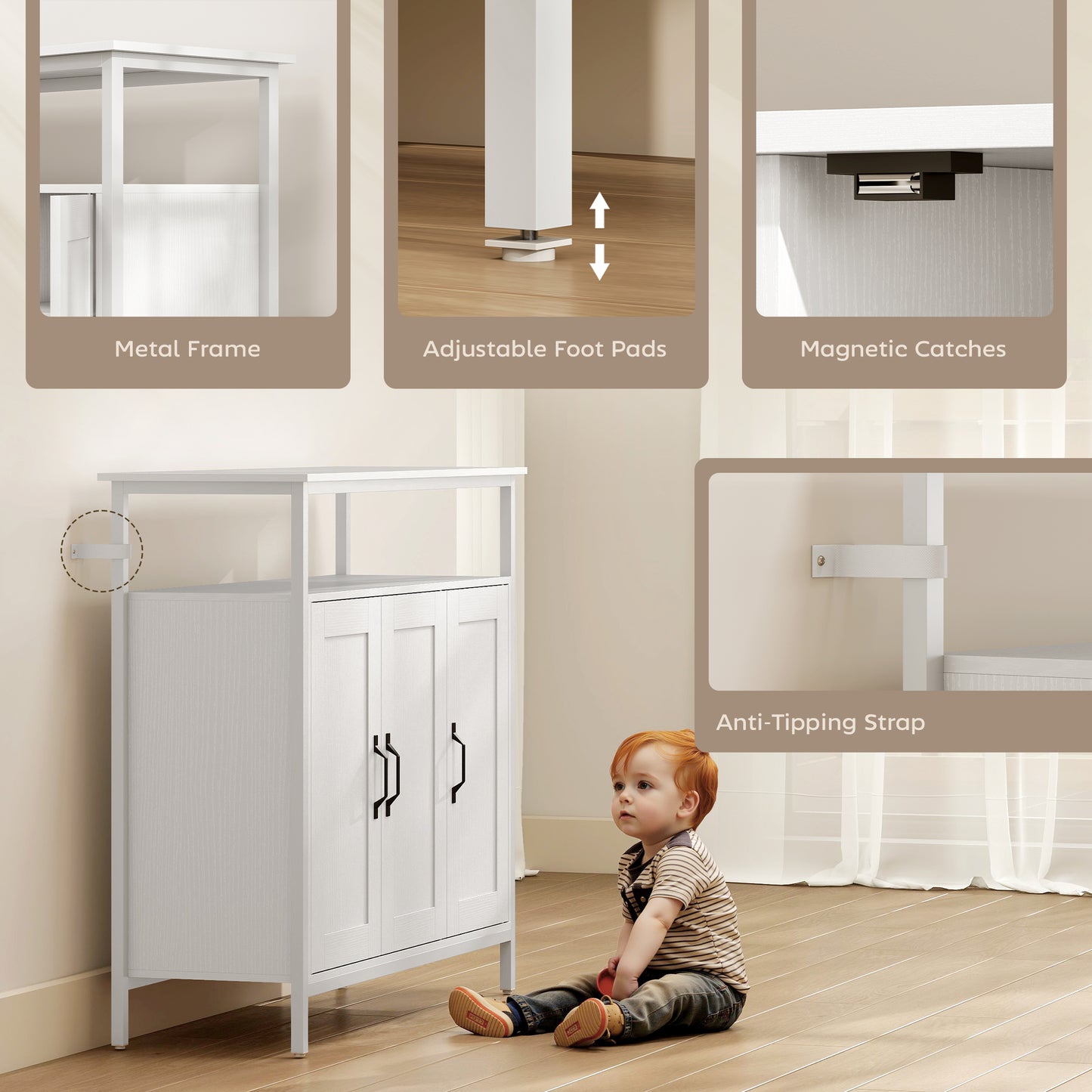 Industrial Kitchen Sideboard with Open Shelf, 2 Cabinets, Adjustable Shelves for Living Room, Dining Room, White