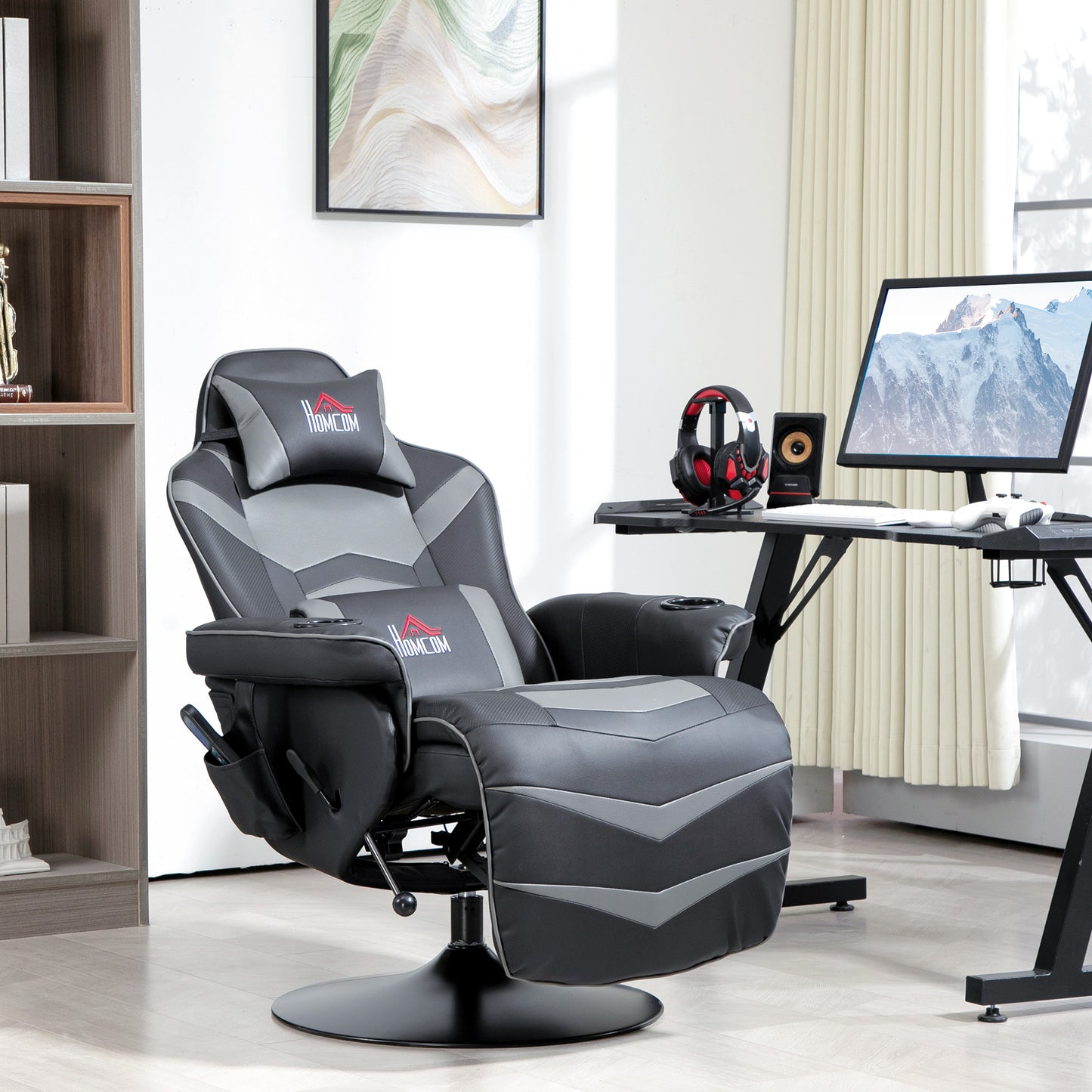 Small Leather Massage Recliner Chair with Ergonomic High Back Retractable Footrest Headrest Work Break Grey