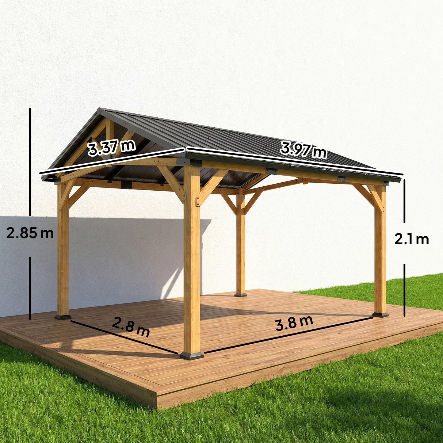 3.5 x 4 m Hardtop Gazebo Canopy with Galvanised Metal Roof, Fir Wood Frame and Hook for Patio, Garden, Black Grey