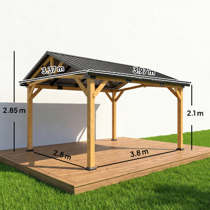 3.5 x 4 m Hardtop Gazebo Canopy with Galvanised Metal Roof, Fir Wood Frame and Hook for Patio, Garden, Black Grey