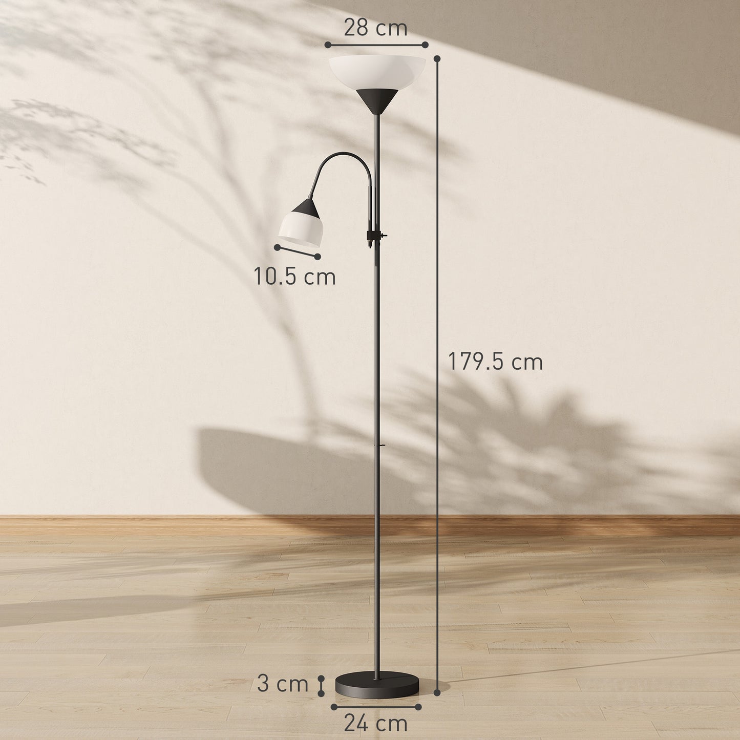 LED Floor Lamp 180cm Tall Standing Lamp with Adjustable Gooseneck, 3000K/4500K/6500K Colour Temperatures, Black