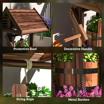 Wood Wishing Well for Outside with Hanging Bucket, Wishing Well Planter with Drain Hole for Garden Patio, Carbonized