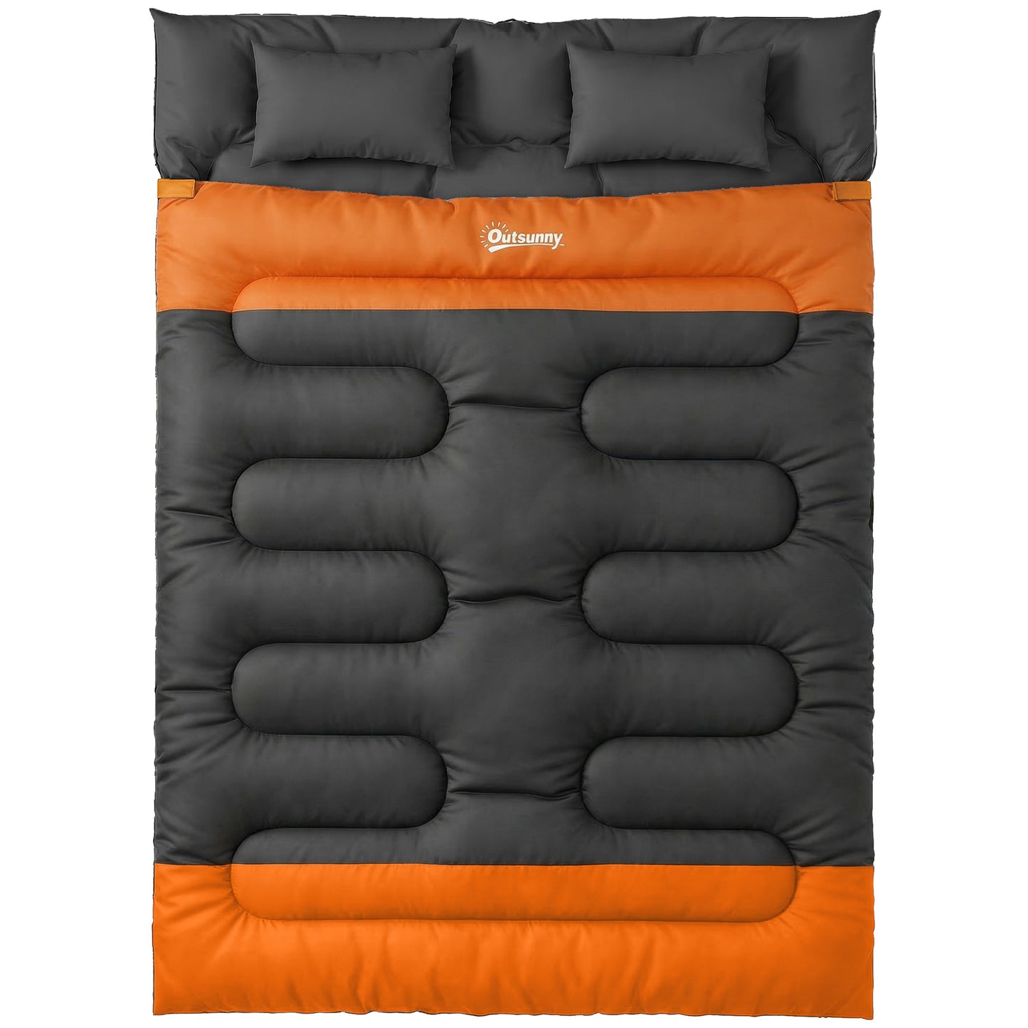 Double Sleeping Bag with 2 Pillows, 220 x 160 cm Extra-Large Sleeping Bag for Adults, Grey and Orange