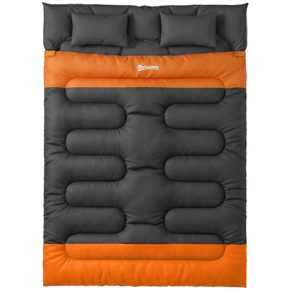 Double Sleeping Bag with 2 Pillows, 220 x 160 cm Extra-Large Sleeping Bag for Adults, Grey and Orange