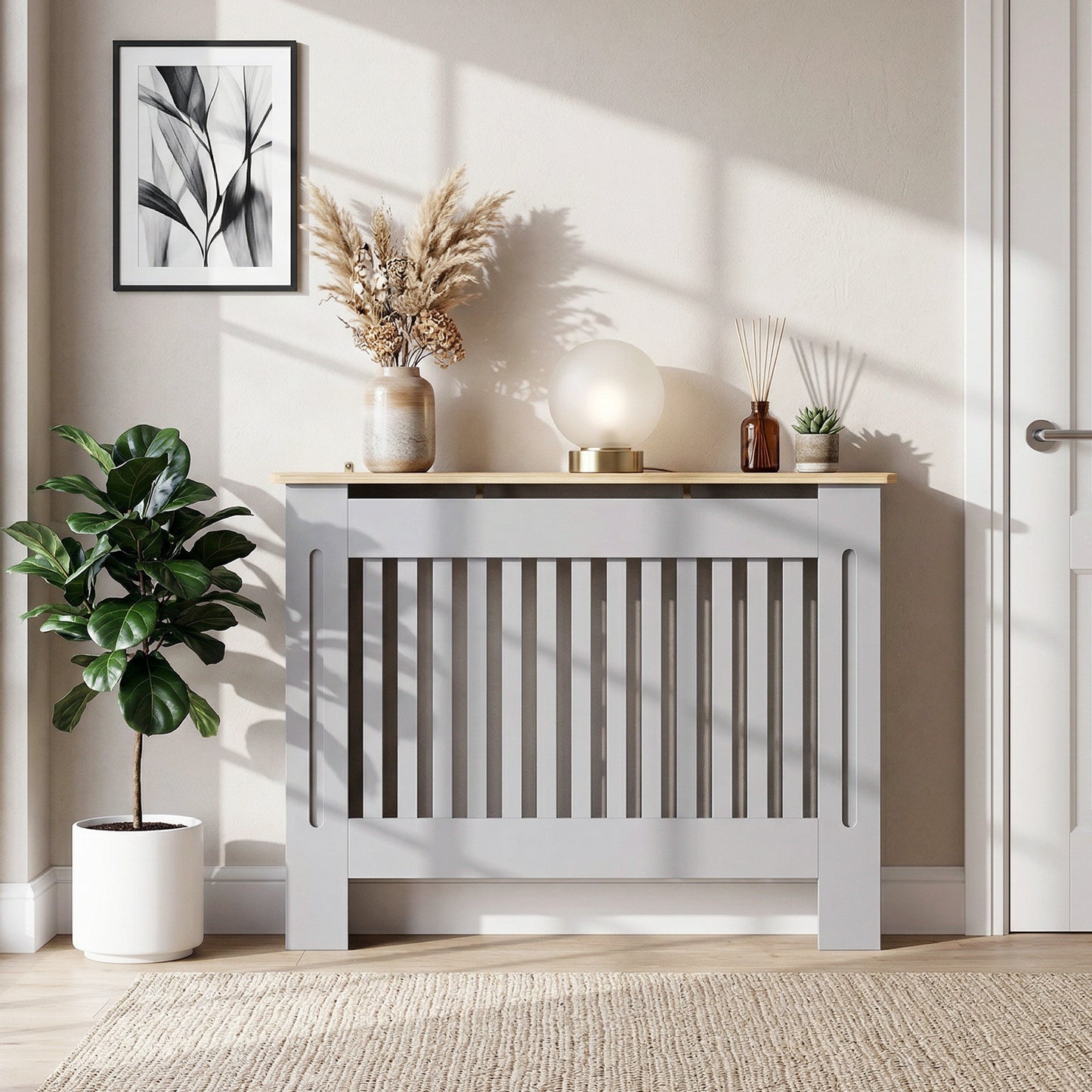 Slatted Radiator Cover, Painted Cabinet with Line Grill Design, 112L × 19W × 81H cm, Grey