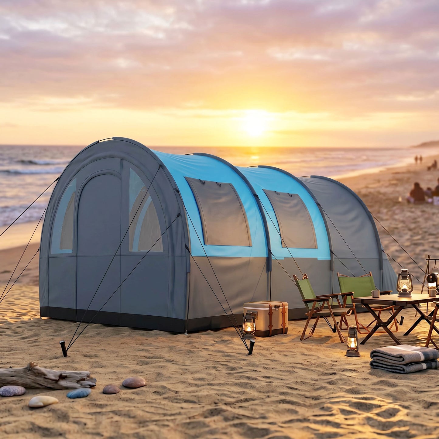 Three Man Duo Room Tunnel Tent, with Accessories - Grey/Blue