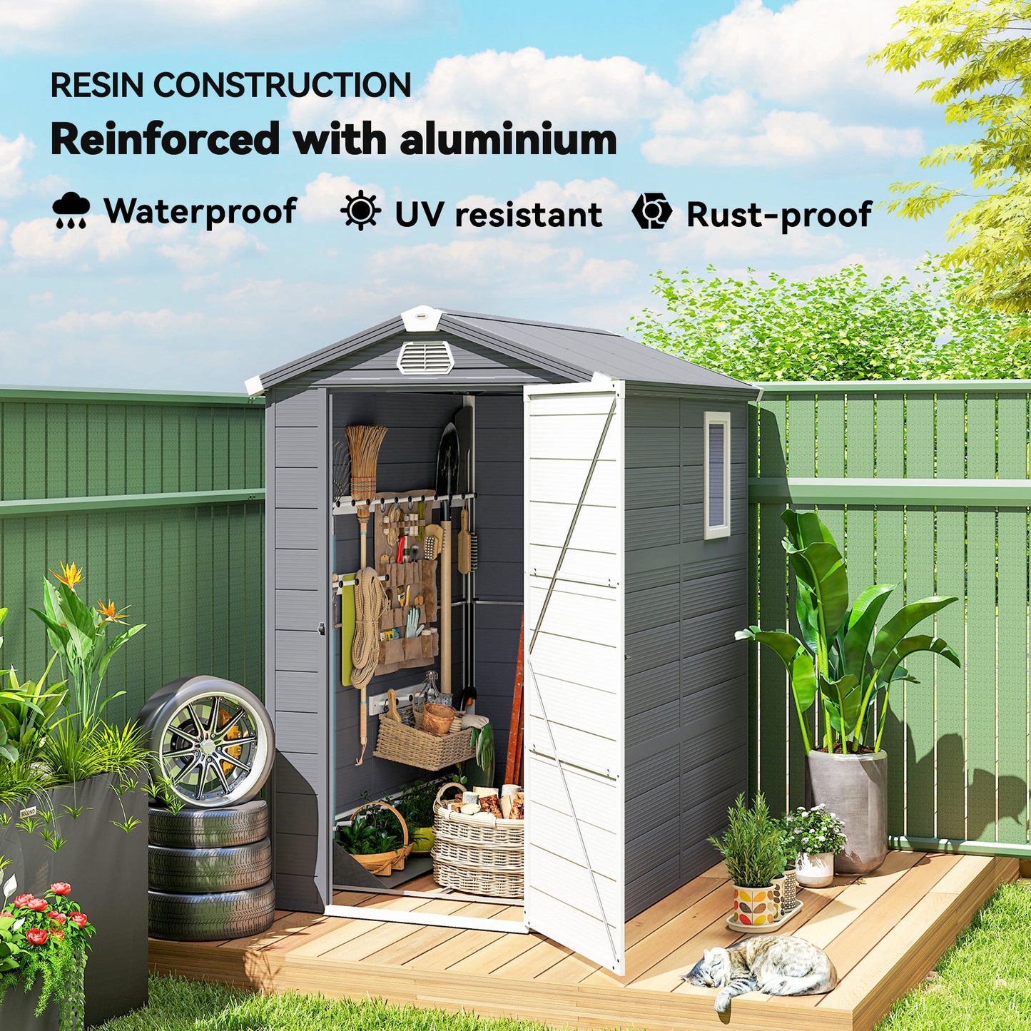 4.4ft x 6.2ft Aluminium Frame and Plastic Wall Shed, with Foundation - Grey