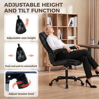Linen-Look Computer Desk Chair, Executive Office Chair with Flip-Up Armrests and Thick Cushion, Black
