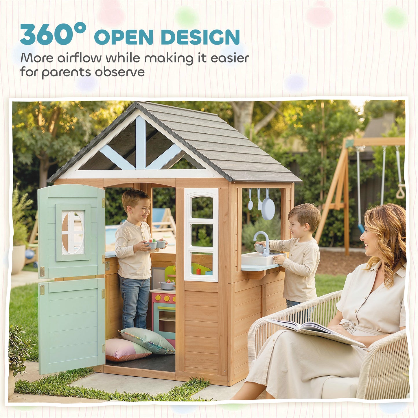 Wooden Playhouse for Kids, Wendy House with Pet Door, Play Kitchen, Half Door and Windows for Indoor Outdoor, Ages 2+
