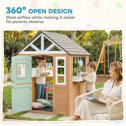 Wooden Playhouse for Kids, Wendy House with Pet Door, Play Kitchen, Half Door and Windows for Indoor Outdoor, Ages 2+