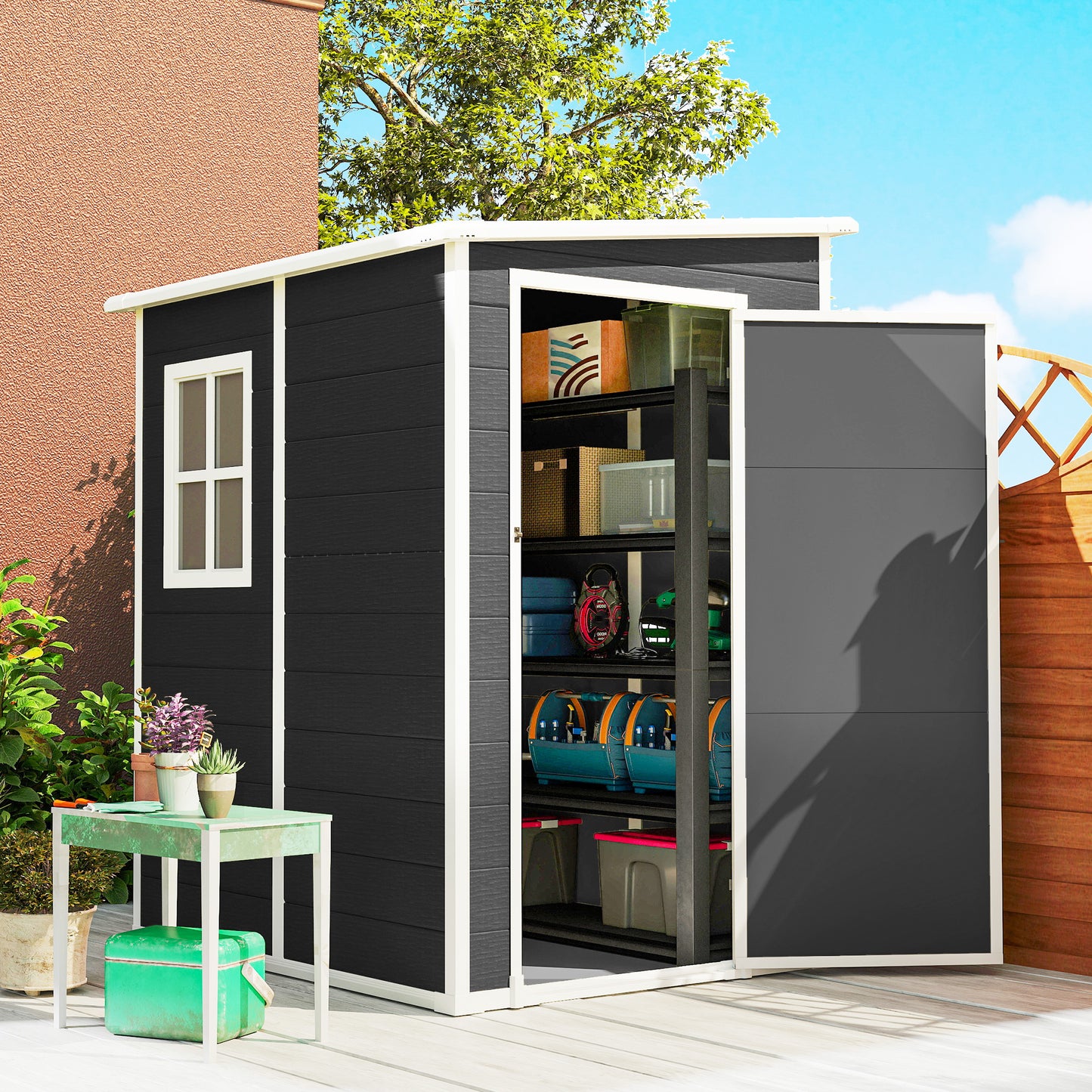 4 x 5FT Garden Storage Shed, Lean to Shed, Lockable Garden Shed with Window, Vent and Plastic Roof, Black