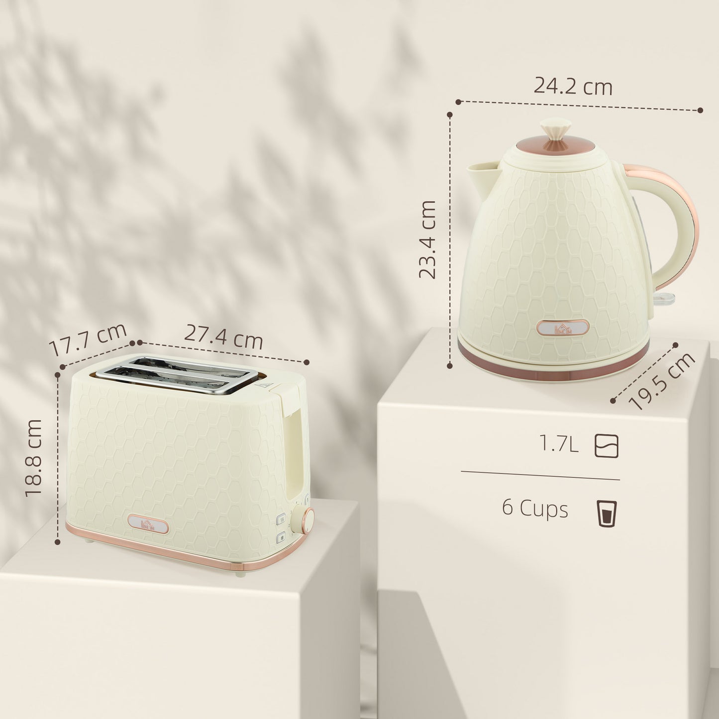 1.7L 3000W Fast Boil Kettle & 2 Slice Toaster Set, Kettle and Toaster Set with Auto Shut Off, Browning Controls, Beige