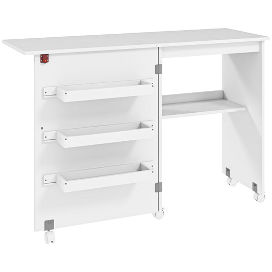 Folding Sewing Table, Drop Leaf Craft Table with Storage Bins, Open Shelf and Wheels