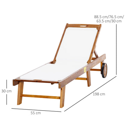 Outdoor Acacia Wood Texteline Beach Sun Lounger Garden Patio Sunbed Recliner Chaise Adjustable Backrest with Wheels