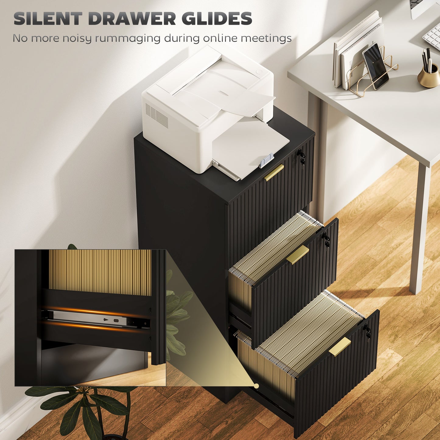 Filing Cabinet, Fluted Vertical File Cabinet with 3 Lockable Drawers and Hanging Rails, Black