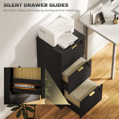 Filing Cabinet, Fluted Vertical File Cabinet with 3 Lockable Drawers and Hanging Rails, Black