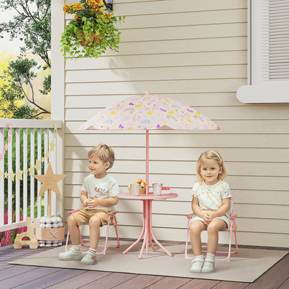 4-Piece Kids Garden Table and Chair Set with Adjustable Parasol, Folding Chairs, Table, Rainbow Pattern, Pink