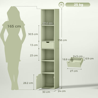 6-Tier Bookcase, Tall Narrow Bookshelf with Drawer and Door - Green