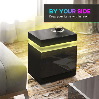 Black Bedside Table with LED Light, High Gloss Front Nightstand with 2 Drawers, for Living Room, Bedroom