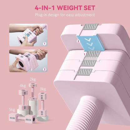 Adjustable Dumbbell Set of 2, Each 1/2/3/4/5 kg Weight, 5-in-1 Weights Dumbbells Set with Non-Slip Handle, Pink