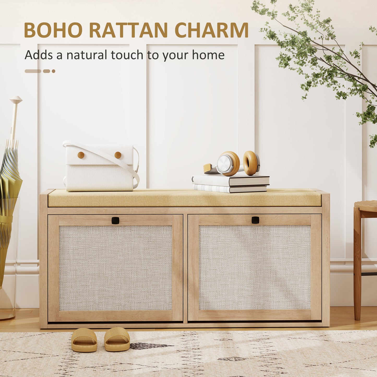 Rattan Shoe Bench with Padded Cushion and 2 Cabinets for Hidden Storage, Oak Wood Effect