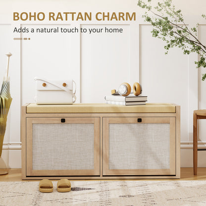 Rattan Shoe Bench with Padded Cushion and 2 Cabinets for Hidden Storage, Oak Wood Effect