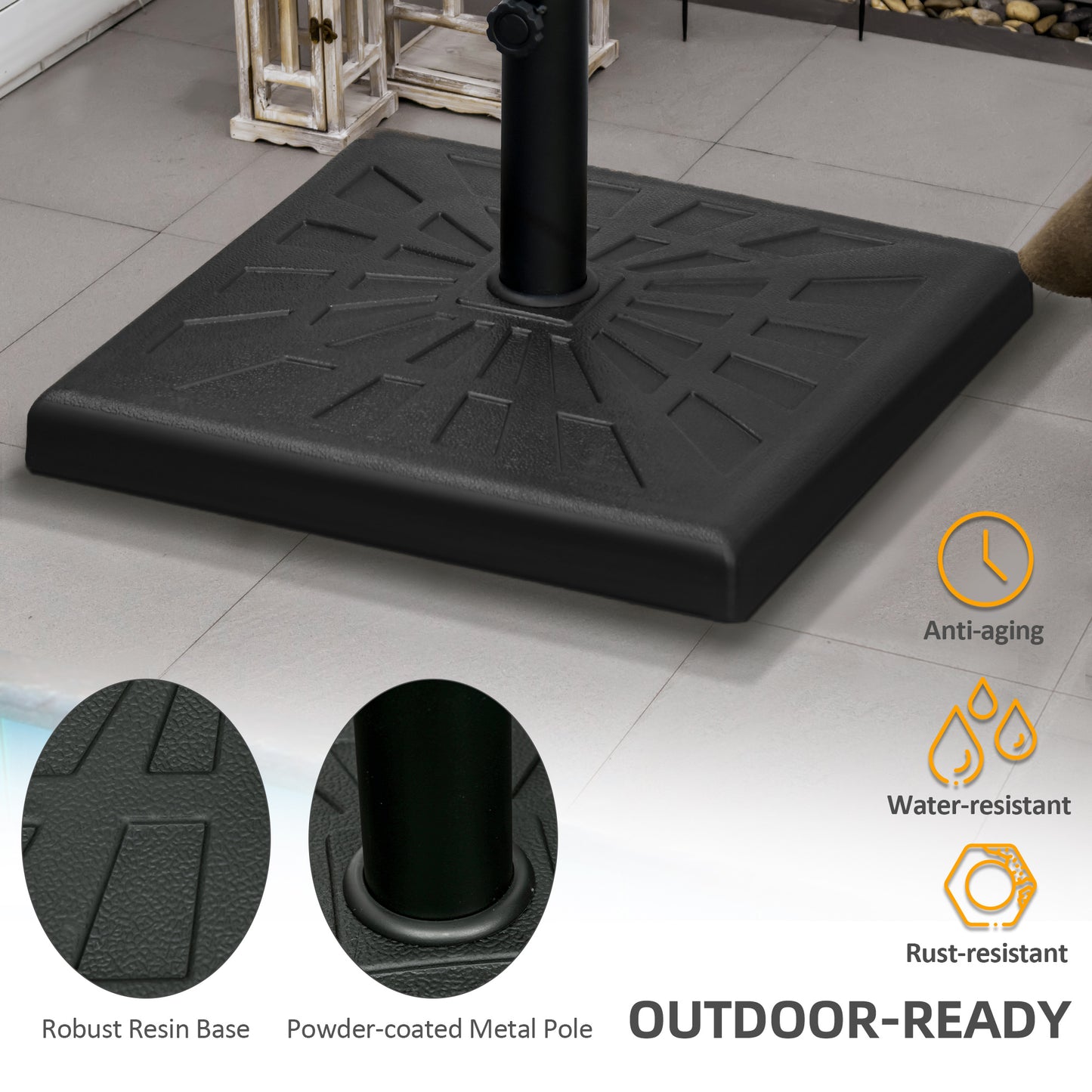 19kg Resin Garden Parasol Base Holder, Square Outdoor Market Umbrella Stand Weight for Poles of Φ32mm, Φ38mm, and Φ48mm