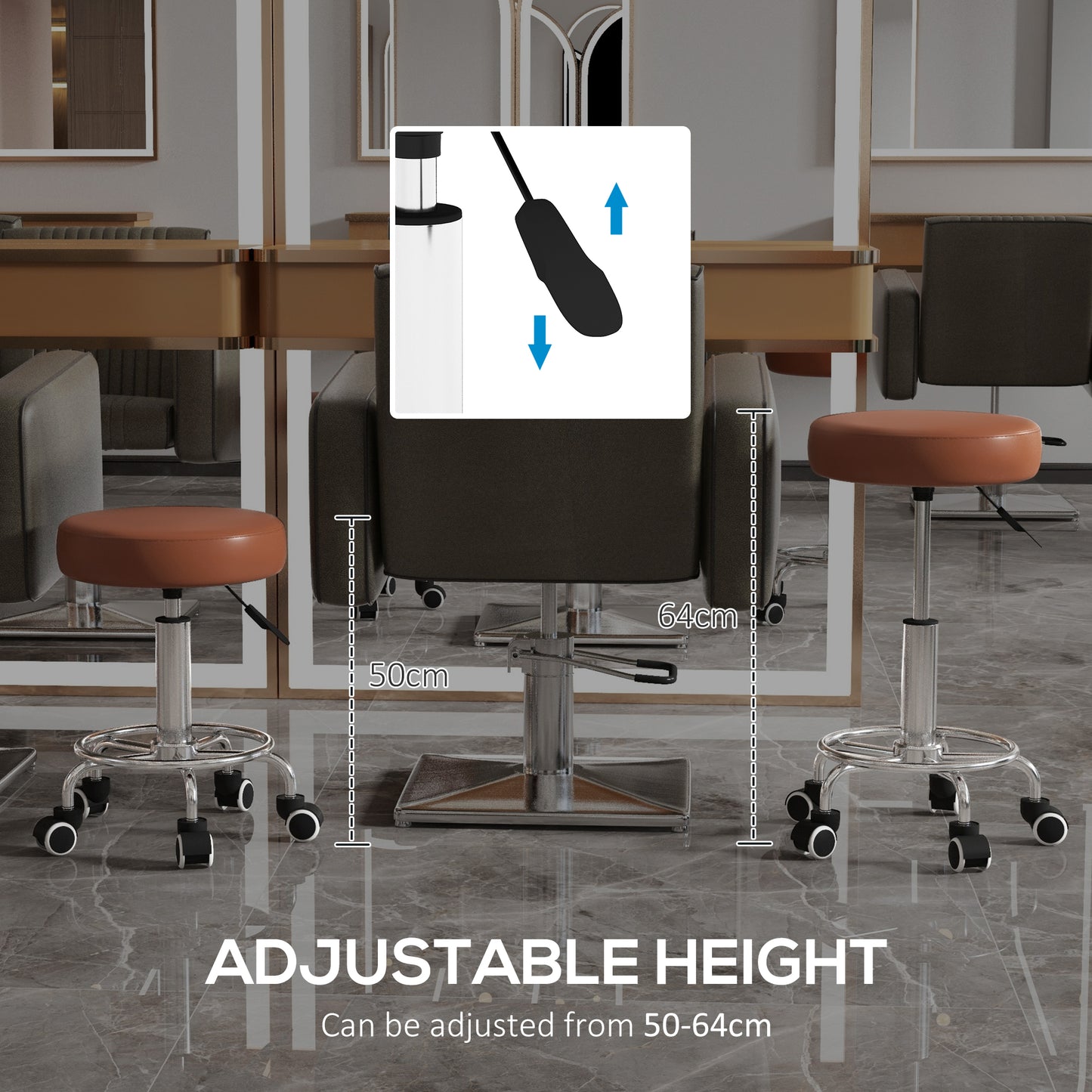 PU Leather Rolling Stool, Height Adjustable Stool Chair with Wheels for Salon, Massage, Spa, Brown
