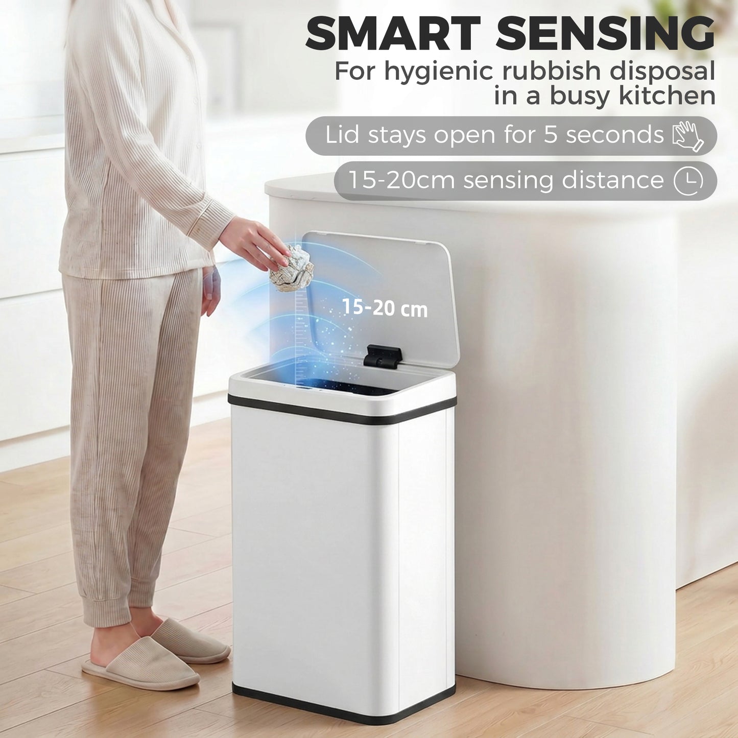 40L Sensor Bin with Soft-Close Lid, Stainless Steel Automatic Touchless Motion Sensor Kitchen Bin, White