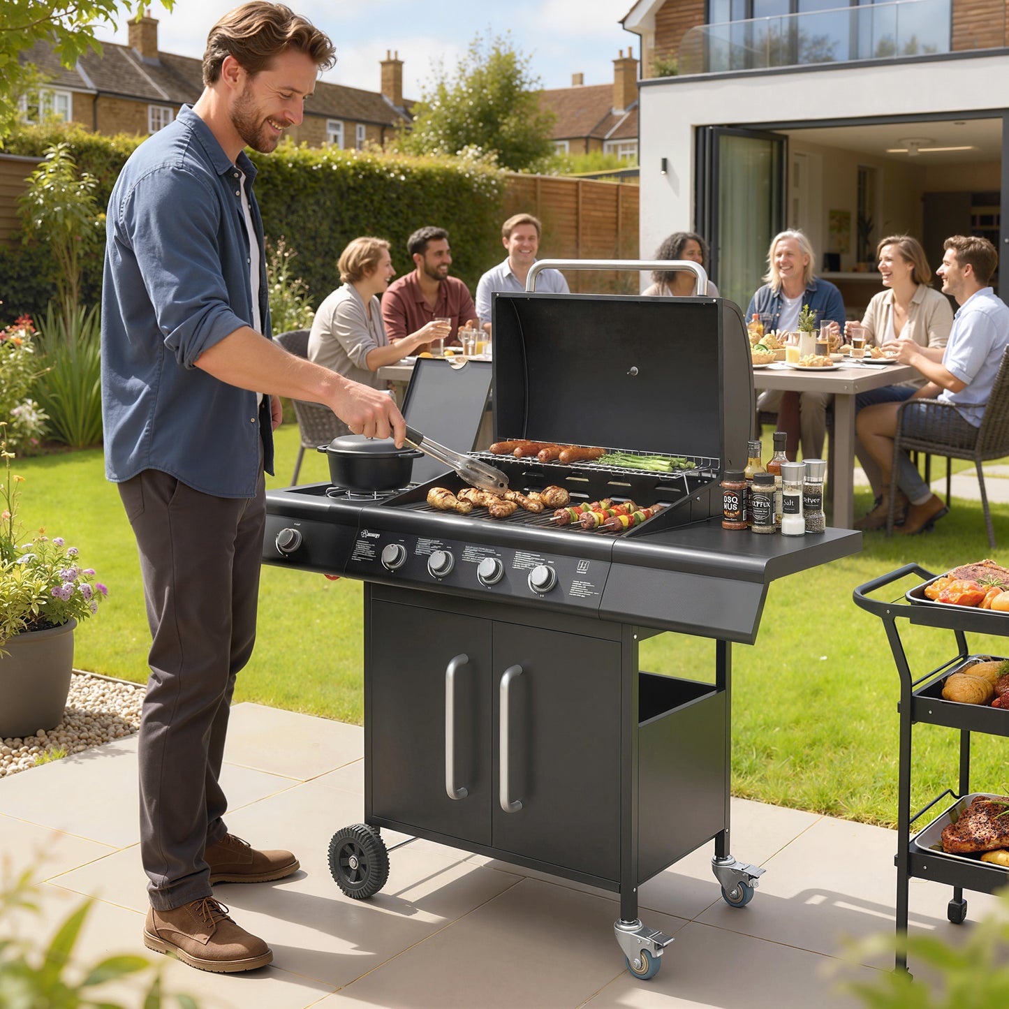 4+1 Burner Gas BBQ Grill with Storage Cabinet, 15.2 kW Gas Barbecue Trolley with Side Table, 4 Wheels, Warming Rack
