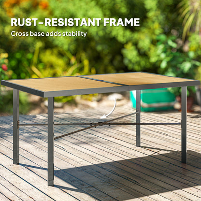 Garden Table for 6, 150 cm Rectangular Outdoor Dining Table with 5 cm Umbrella Hole, Wood Effect Top, Rust Resistant Frame