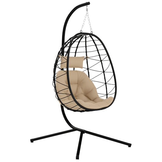 Hanging Egg Chair Outdoor Indoor Garden Swing Chair with Folding Basket, Thickened Cushion, Garden Hanging Chair with Stand