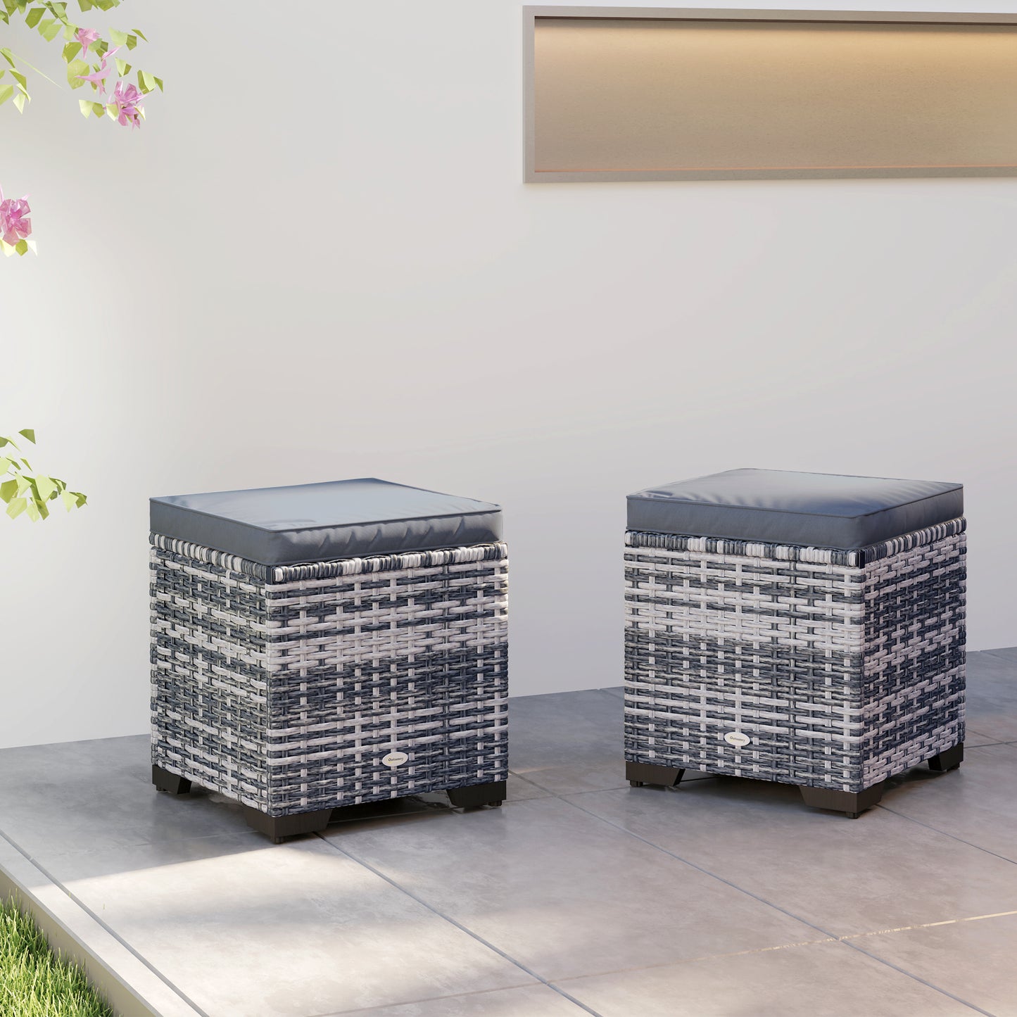 Set of 2 Rattan Storage Ottoman, Outdoor Footstool with Removable Cushions, Garden Storage Seat for Balcony, Porch