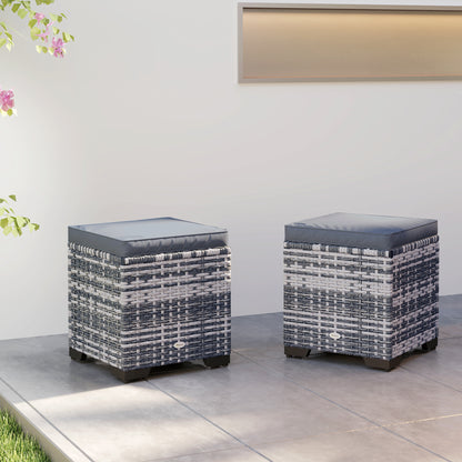 Set of 2 Rattan Storage Ottoman, Outdoor Footstool with Removable Cushions, Garden Storage Seat for Balcony, Porch