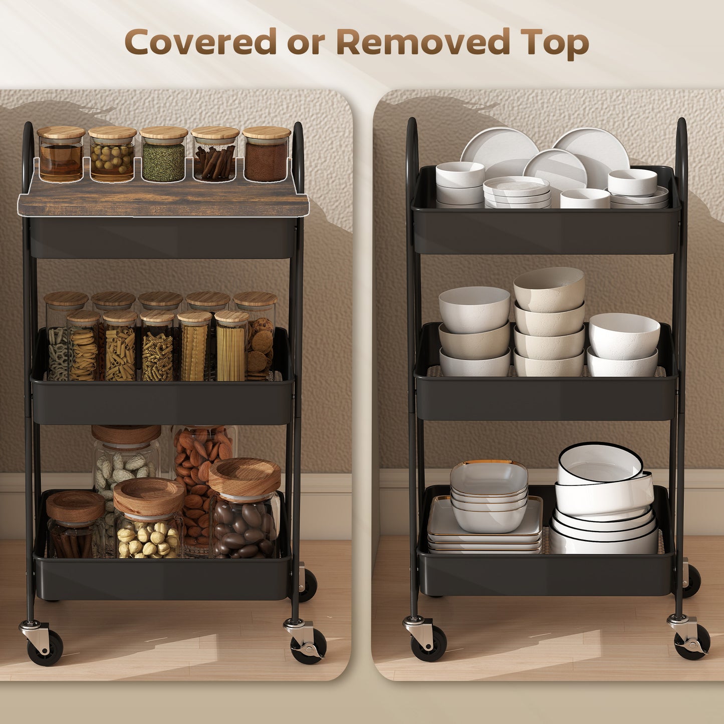 3-Tier Kitchen Storage Trolley with on Wheels Cover Top Board - Rustic Brown and Black