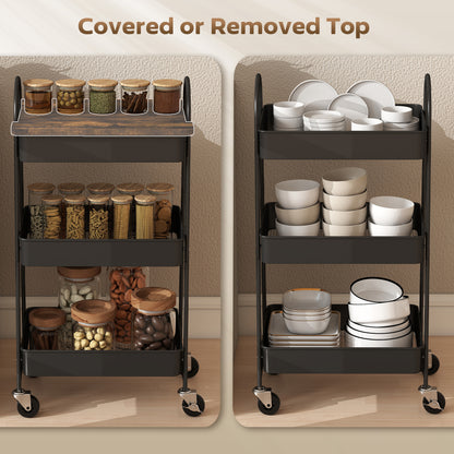 3-Tier Kitchen Storage Trolley with on Wheels Cover Top Board - Rustic Brown and Black