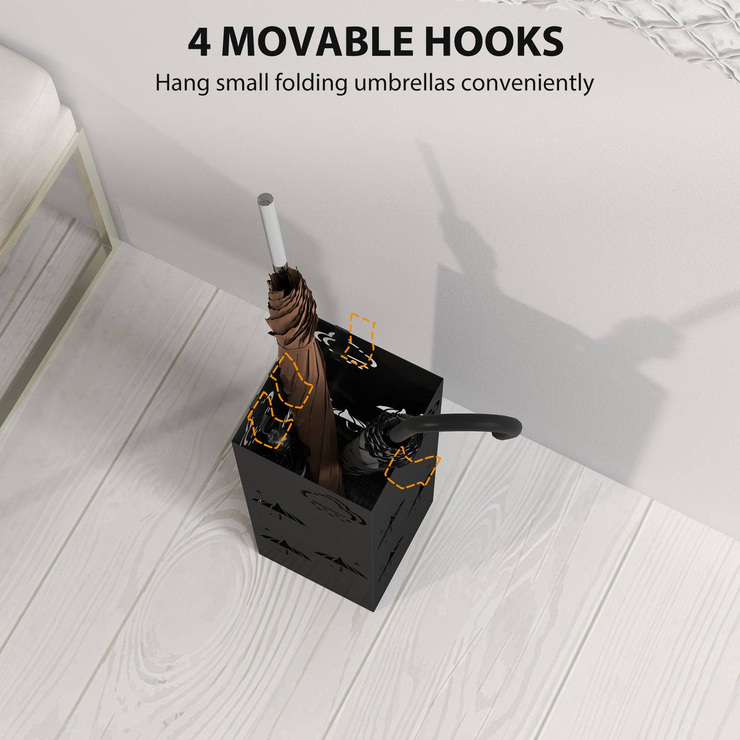 Metal Umbrella Stand, Square Umbrella Holder with Removable Drip Tray and 4 Hooks