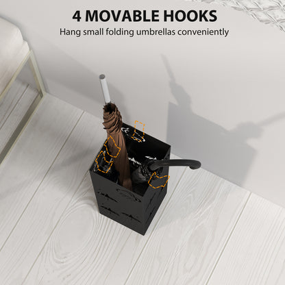 Metal Umbrella Stand, Square Umbrella Holder with Removable Drip Tray and 4 Hooks