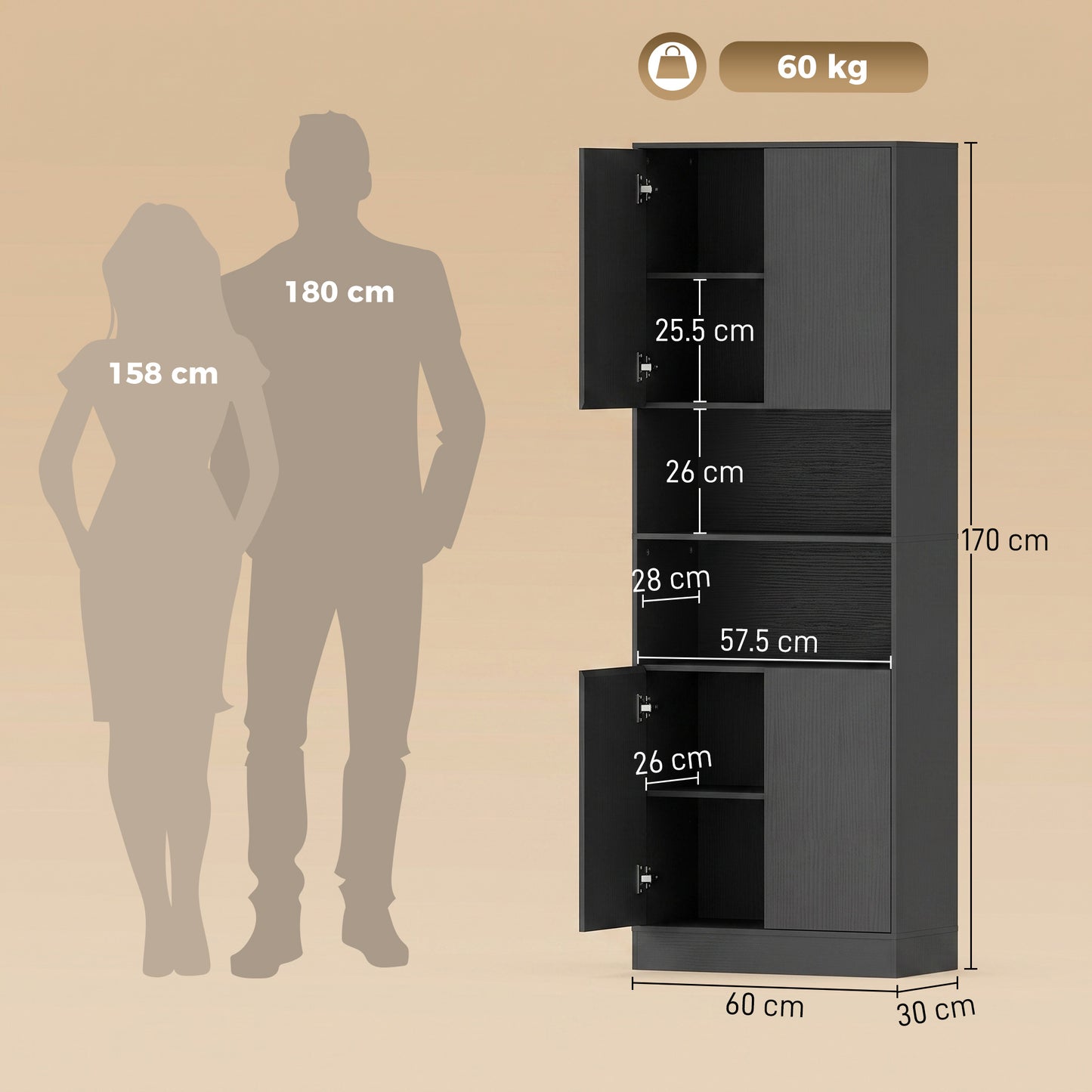 170 cm Kitchen Pantry Cabinet, Freestanding Storage Cabinet with Soft-Close Hinges, Black Wood Effect