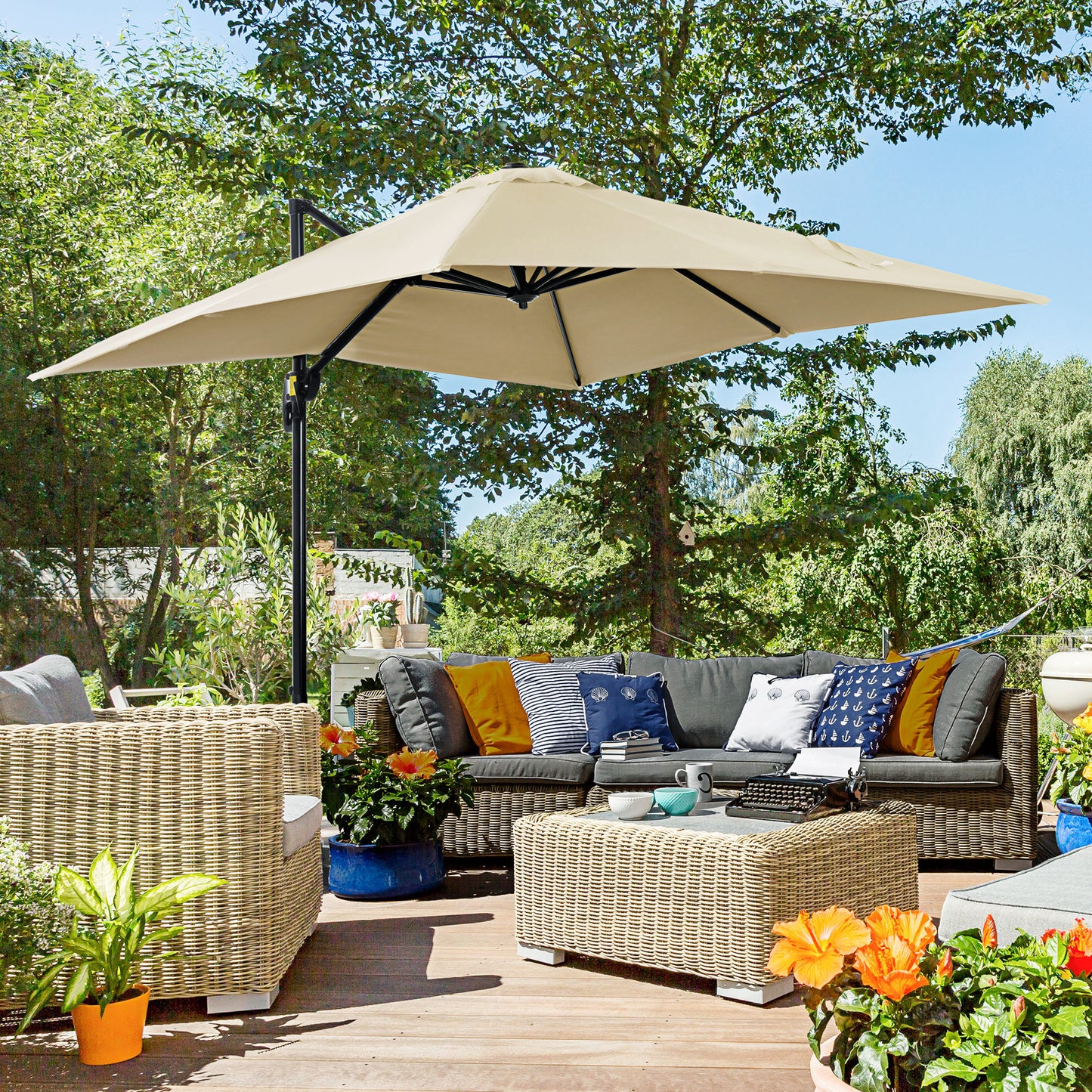 2.5 x 2.5m Patio Offset Parasol Umbrella Cantilever Hanging Aluminium Sun Shade Canopy Shelter 360° Rotation