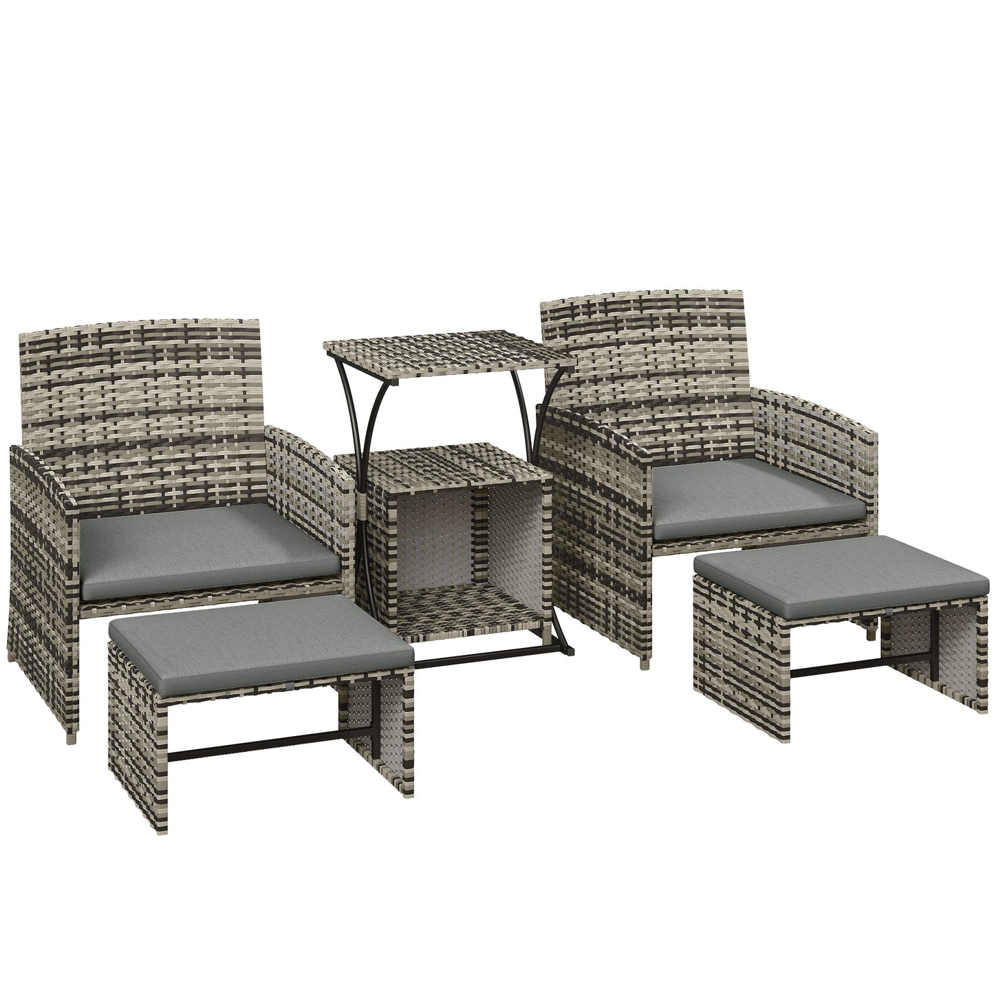 6 Piece Rattan Garden Furniture, Space-Saving Patio Furniture Set with Nesting Tables, Chairs, Stools, Cushions, Grey