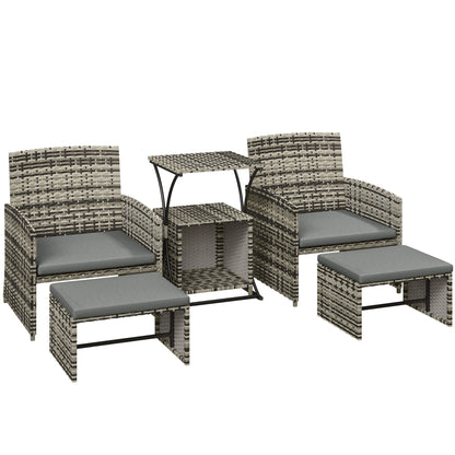 6 Piece Rattan Garden Furniture, Space-Saving Patio Furniture Set with Nesting Tables, Chairs, Stools, Cushions, Grey