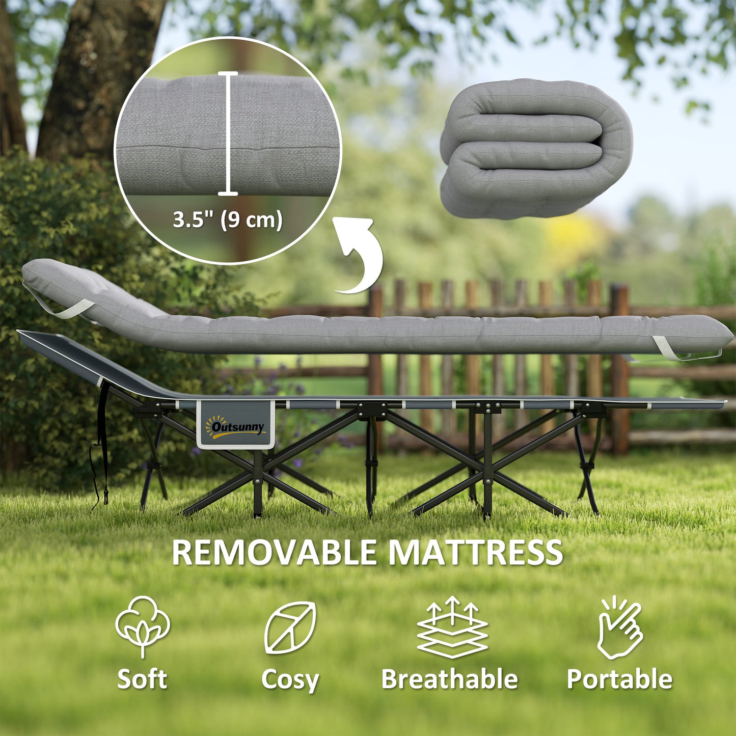 68cm Wide Folding Bed, Camping Cot for Adults with Mattress, Carry Bag, Storage Pocket, Max Load 150kg, Light Grey