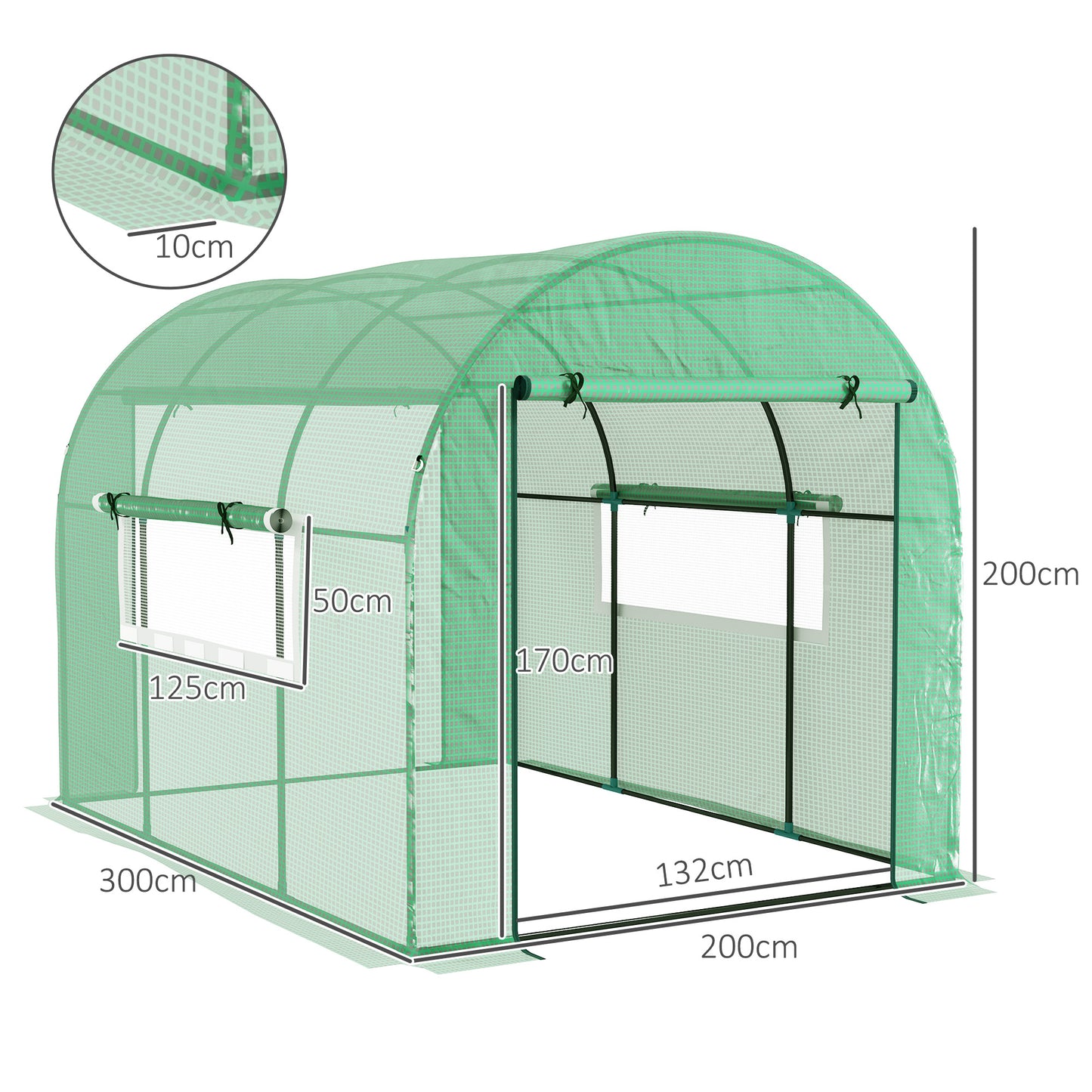 300 x 200cm Walk-In Polytunnel Greenhouse - Green