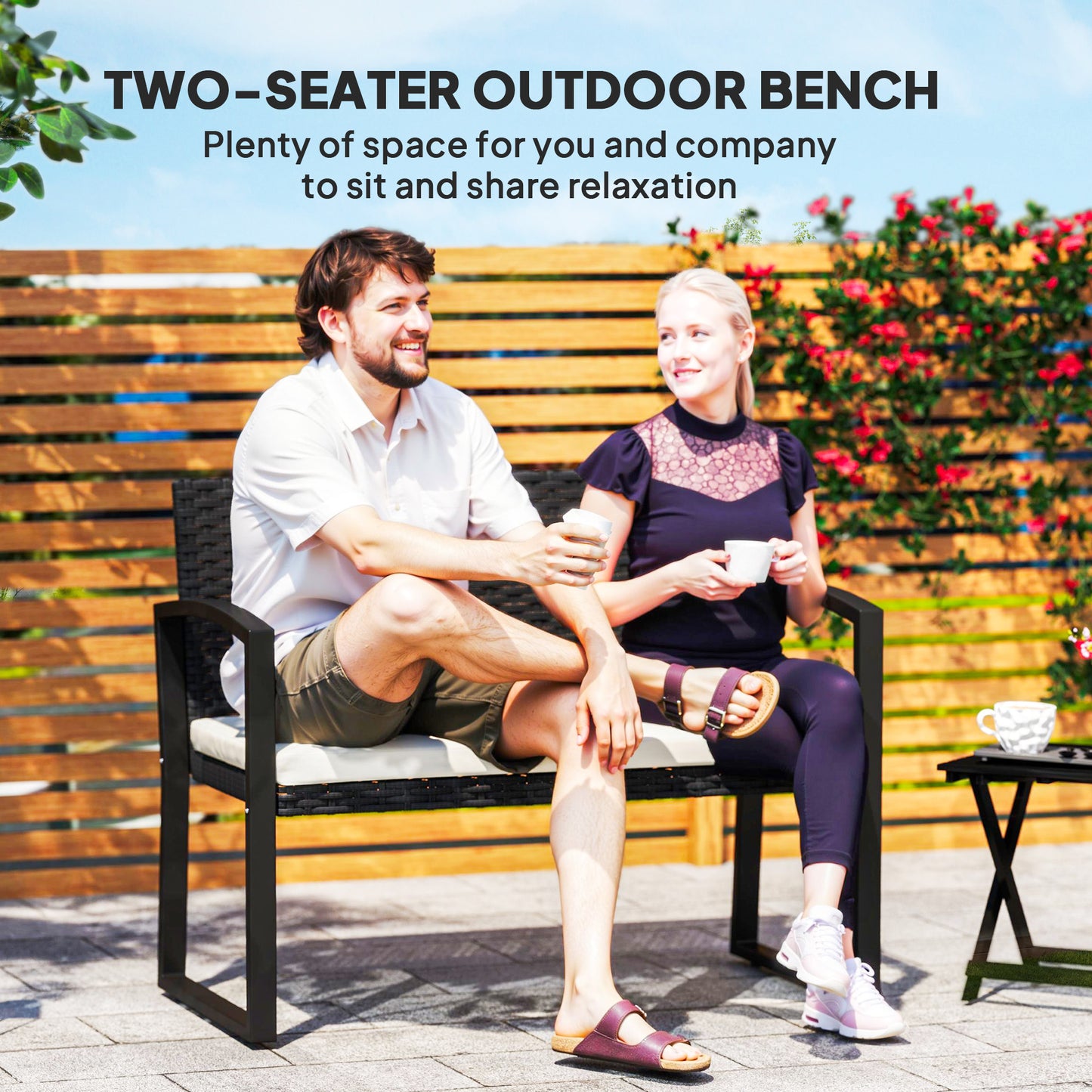 Two-Seater Rattan Garden Bench - Beige
