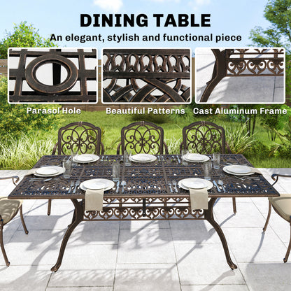 9 Piece Cast Aluminium Garden Dining Set, Garden Table and Chairs Set with Cushions, Parasol Hole for Patio, Bronze Tone