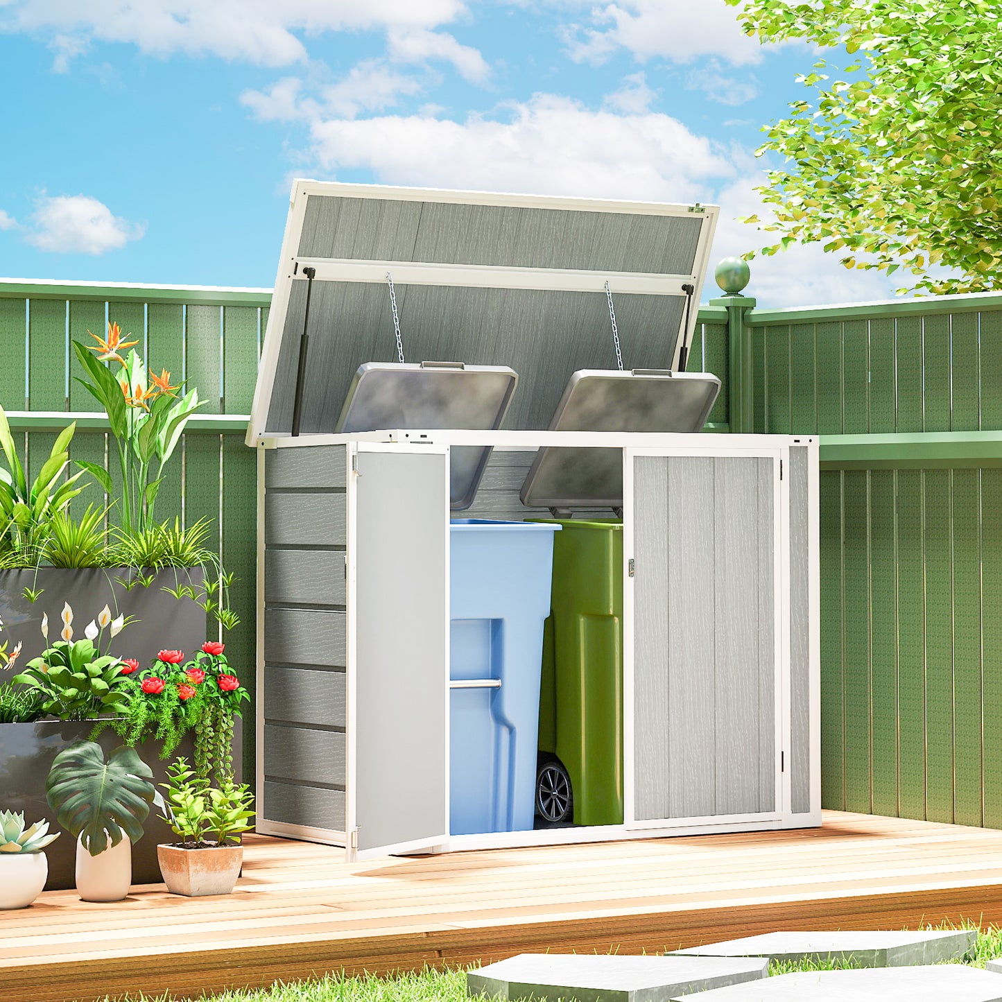 4.7 x 2.5FT Garden Shed, Double Bin Storage Shed with Lockable Doors, Outdoor Small Shed
