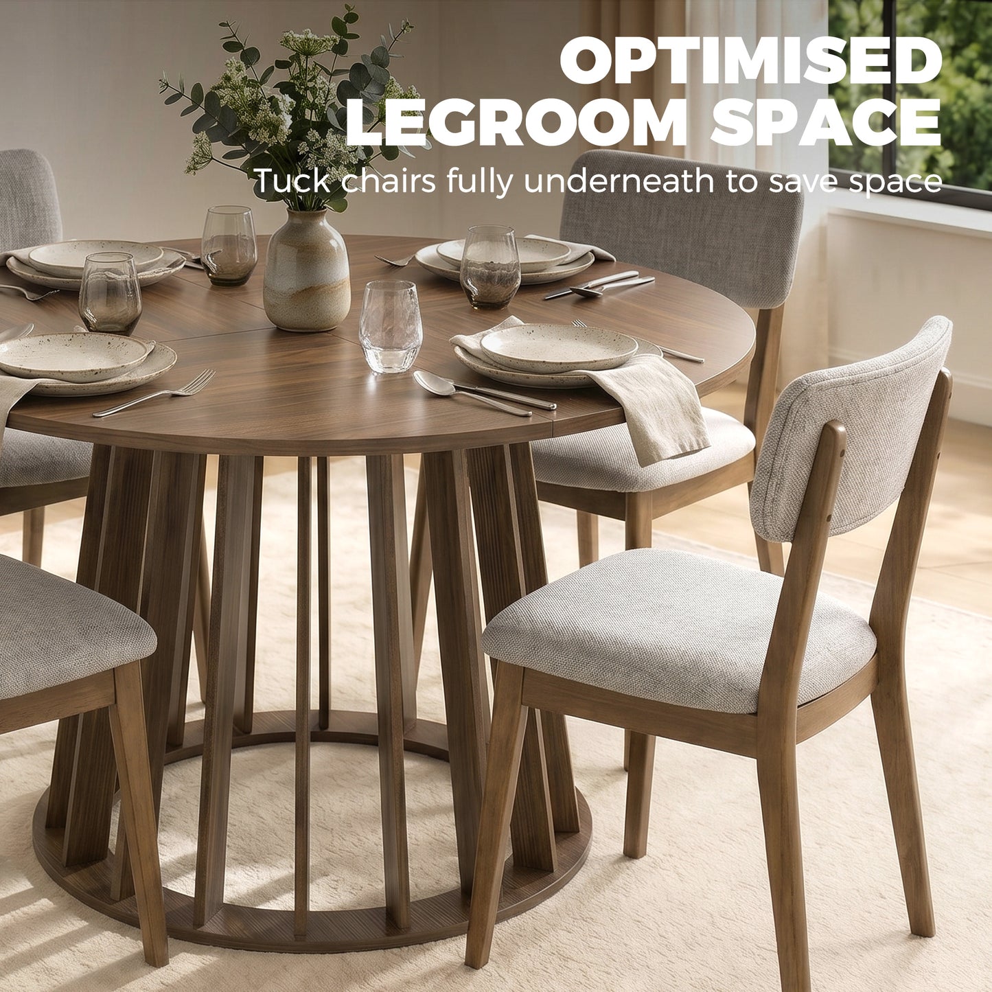 Dining Table for 4-6 People Modern Kitchen Table with Slatted Base 120 cm Round Light Walnut